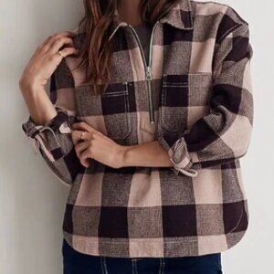 Madewell Waffle Half-Zip Popover Pink Plaid Long Sleeve Top, Size XS